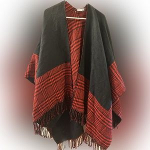 Red plaid and black fleece ruana wrap poncho shown both ways very warm